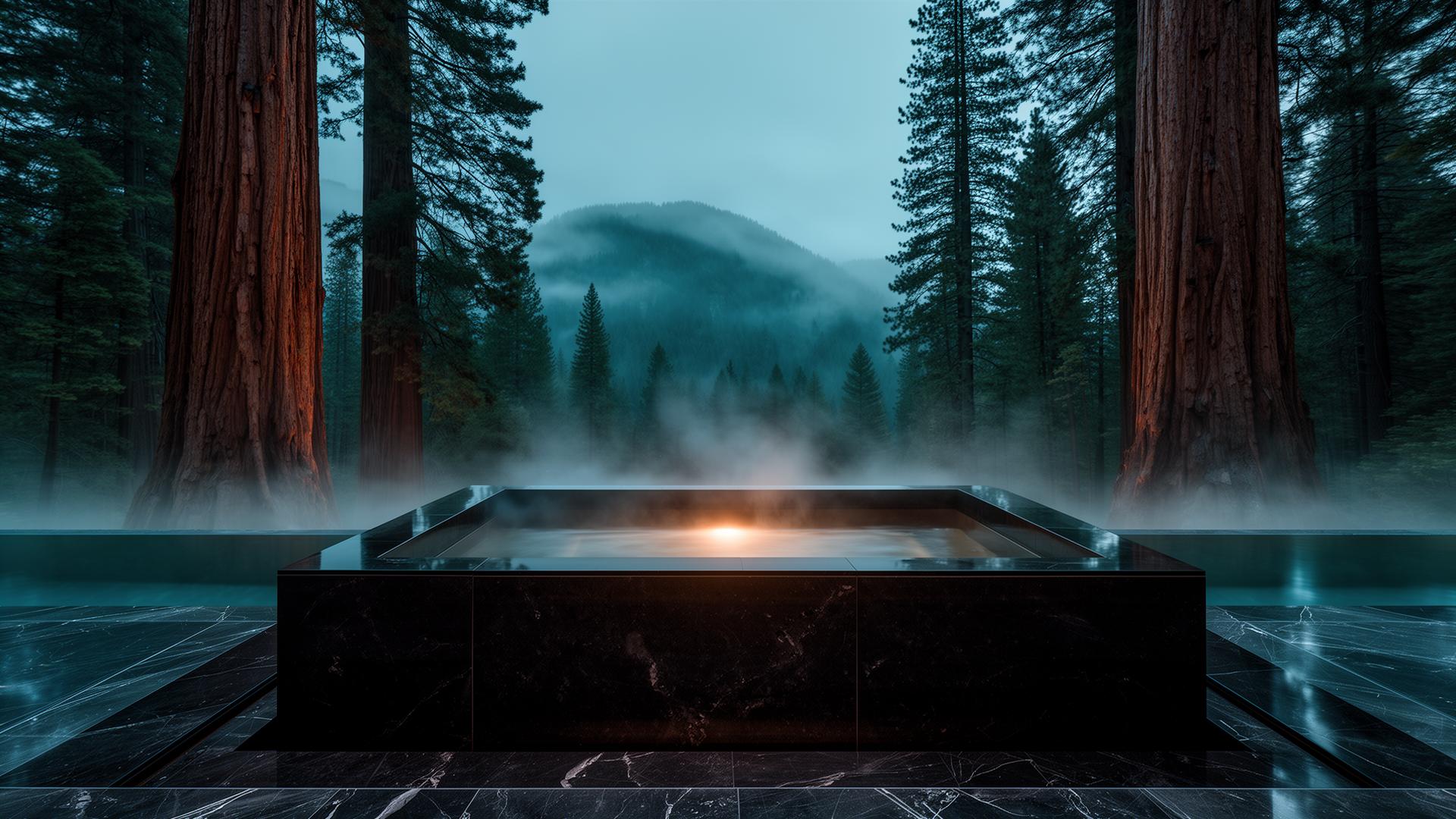 Steam rising from a candlelit stone pool at golden hour
