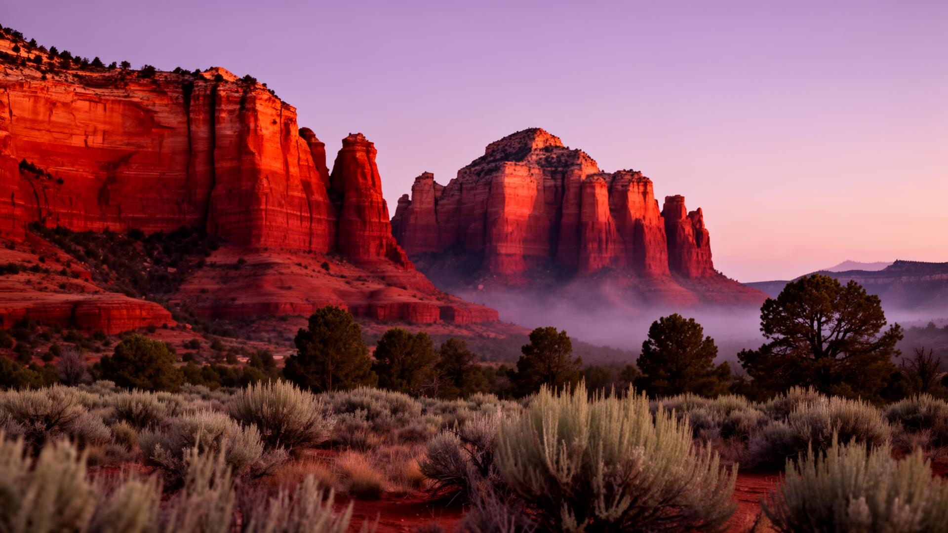 Sedona red rock formations glowing at dusk above sage desert