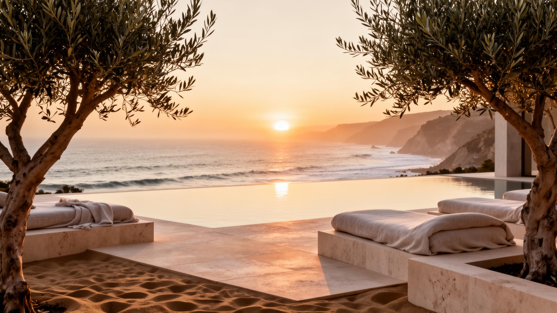 Coastal wellness terrace at sunset with infinity pool and olive trees overlooking the Pacific