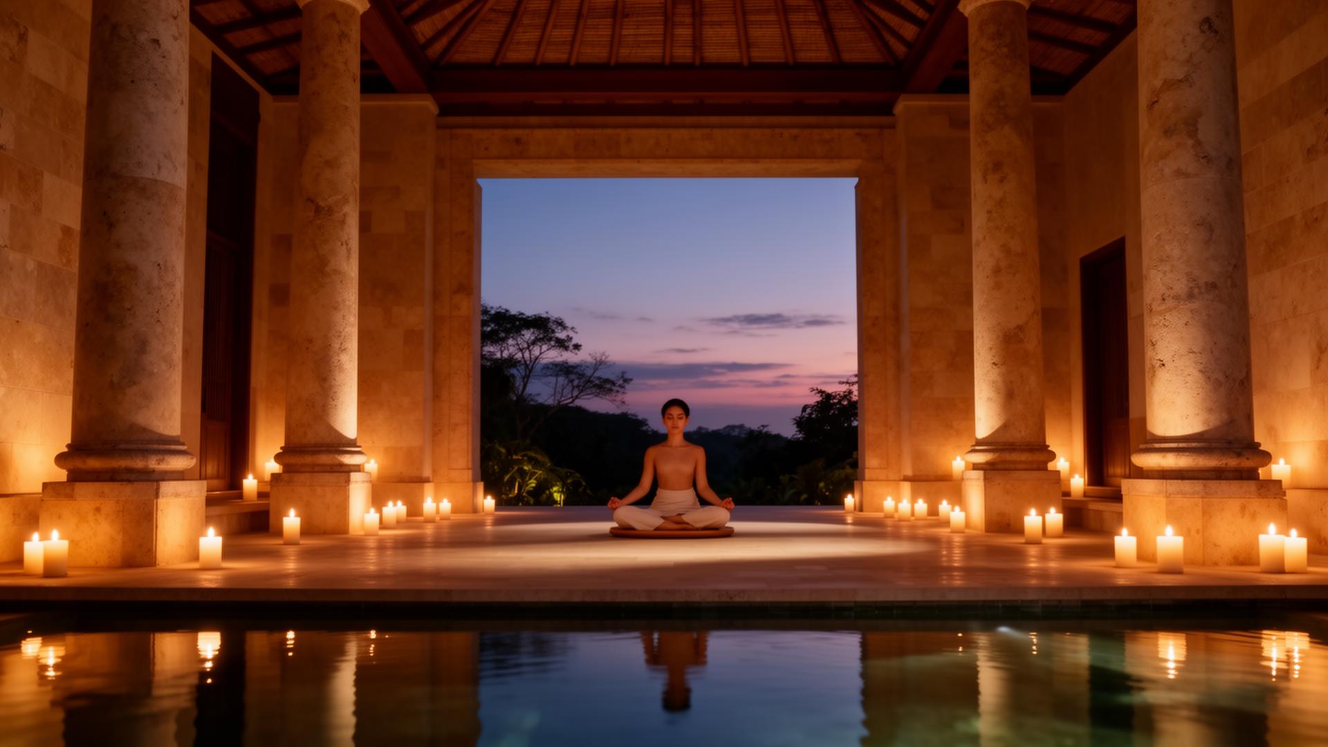 Candlelit meditation pavilion with reflecting pool at twilight
